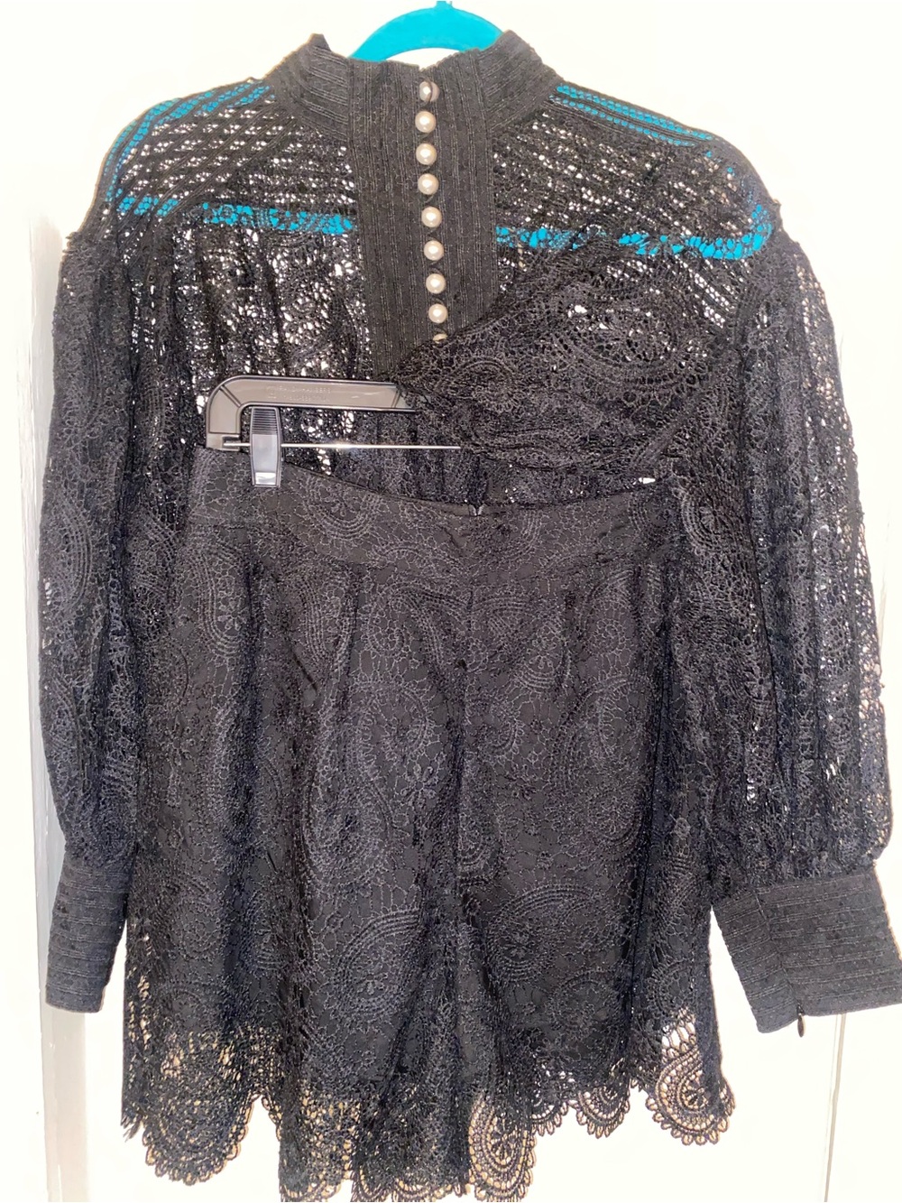Black Lace Blouse  with Pearl and short set